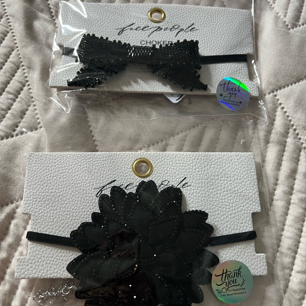 Free People Black Floral and Bow Choker Set